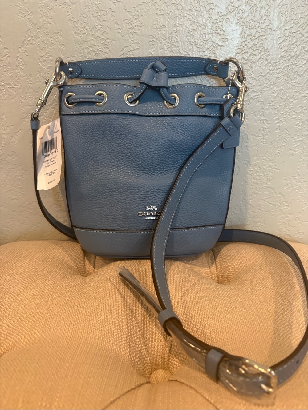 Coach Blue Pebbled Leather Drawstring Bucket Crossbody